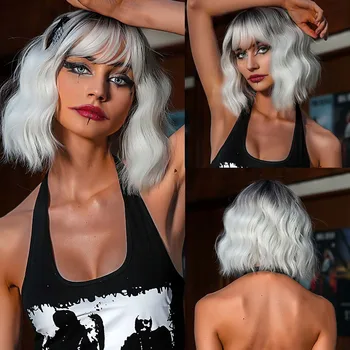 Short Cosplay Platinum Ombre Brown White Wavy Synthetic Wigs with Bangs Daily Party Hairs Wig for Black Women Топлоустойчива употреба