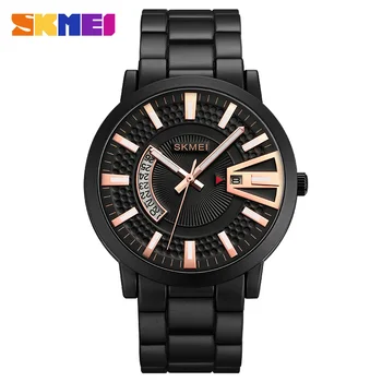 SKMEI Нови мъжки кварцови часовници Business Black неръждаема стомана 30M водоустойчиви ръчни часовници Big Dial Luminous Date Clock Male 9185