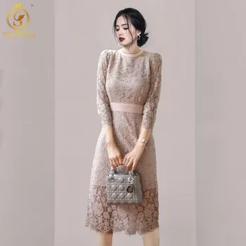 SMTHMA Нова мода есен корейски стил O-образно деколте дантела кухи рокли дами тънък розов коляното дължина рокля Vestidos