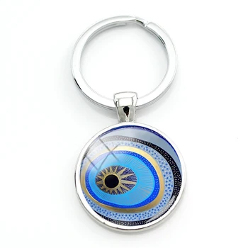 TAFREE Blue Evil Eye Images Класически ключодържател Стъкло и метал Ръчно изработени очи Мъжки ключодържатели за Деня на бащата