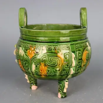 Tang Tri-Color остъклена керамика Издълбани статив тамян пещ ръчно изработени антични китайски декорация тамян горелка