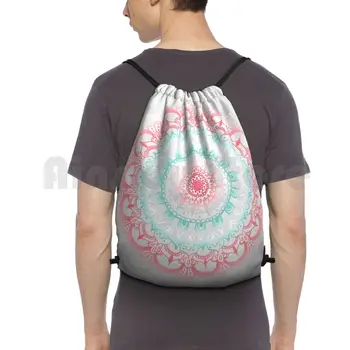 Teal & Coral Glow раница шнур чанти фитнес чанта водоустойчив Teal Coral мента розов син блясък блясък в тъмното мандала
