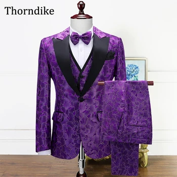 Thorndike Purple Floral Print Men Suit 2022 Black Peaked Lapel Single Button Wedding Party Tuxedos For Groommen Male Blazer Pant