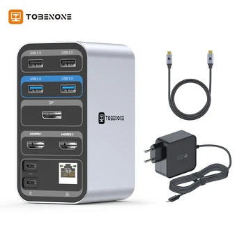 TOBENONE USB C докинг станция поддържа 2 мониторен дисплей с 100W GaN зарядно HDMI и DP USB3.0 гигабитов Ethernet порт