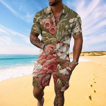 Trend цветен растителен модел 3D печат лято мъжки sweatsuit комплект случайни цип яка поло риза и шорти 2бр комплекти анцуг