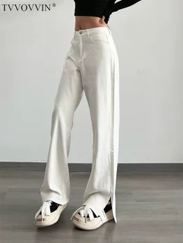 TVVOVVIN Hot Girl's High Waist White Side Split Denim Pants for Women's Autumn Loose Slim Straight Floor Pants 3FG2