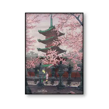 Ueno Toshogu Shrine Kasamatsu Shiro реколта японски изкуство плакат Woodblock платно печат розов череша цвят стена изкуство дома декор