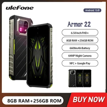 Ulefone Armor 22 Водоустойчив здрав смартфон 6.58Inch Octa-core 8GB + 256GB 64MP нощна камера 6600mAh Android 13 Мобилен телефон NFC