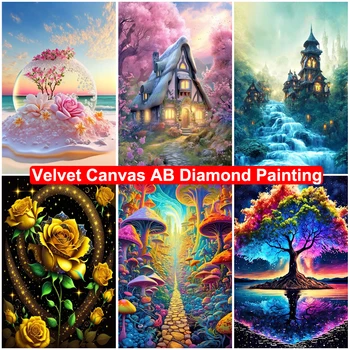 Velvet Canvas AB Diamond Painting Landscape DIY 5D Diamond Embroidery Flower Tree Mosaic Picture Cross Stitch Kit Home DecorGift