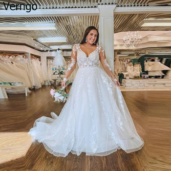 Verngo A-line Сватбена рокля с дълги ръкави Скъпа апликация Жени Булчински рокли Тюл бутон булчинска рокля vestidos de novia 2023
