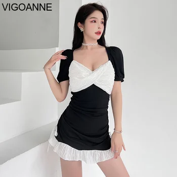 VigAnne Solid Slimfit рокля бански костюми жени 2023 Секси къс ръкав Push Up едно парче бански корейски монокини летен бански костюм