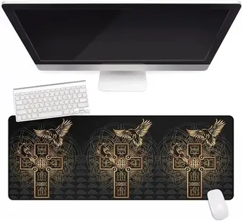 Viking Odin's Raven Tattoo Mouse Mat Norse Big Desk Game Pad с неплъзгащ се зашит ръб за офис работа Начало 35.4 