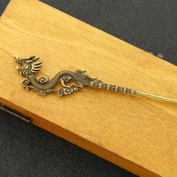 Vintage Dragon Hairpin Copper Retro Hair Stick Traditional Hanfu Updo Hair Chopsticks Updo Hair Insert Chignon Pin 15.5cm