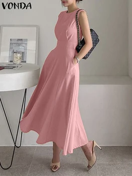 VONDA Дамска дълга рокля тип риза 2023 Елегантен OL стил Макси Sundress джобове лято случайни плътен цвят без ръкави pleaed парти халат