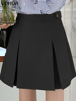VONDA Лятна плисирана мини пола жени елегантни поли с висока талия 2024 Loose Casual Solid Color Fashion School Основни къси дъна