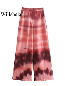 Willshela жените мода печатни фронт цип широк крак панталони реколта висока талия пълна дължина женски шик дама панталони