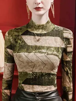 Winsleter Елегантна основна тениска с дълъг ръкав Дамски секси стойка яка Tiedie печат тънък окото върховете есен пролет T39289JC