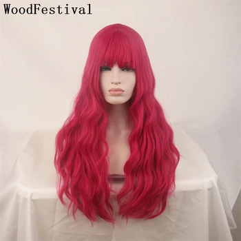 WoodFestival перуки за жени синтетична коса дълга косплей перука с бретон черно вълнообразно лилаво розово червено омбре блондинка сиво розово зелено