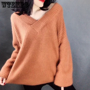 WTEMPO жени пуловер v-образно деколте хлабав твърд дълъг ръкав пуловер корейски мода нов пуловер есен и зима жените отгоре на едро