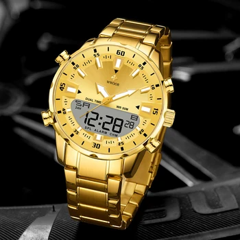 WWOOR Луксозни часовници за мъже Военен хронограф Цифров кварцов мъжки часовник водоустойчив часовник от неръждаема стомана Светещ мъжки часовник