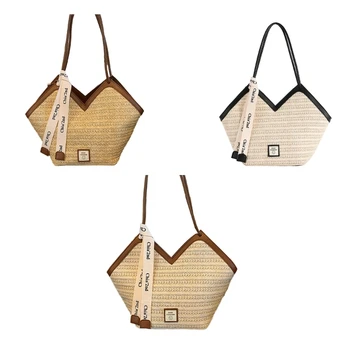 X4FF Пазарска чанта за рамо Голям капацитет тъкана пазарска чанта за жени момиче дама чанта