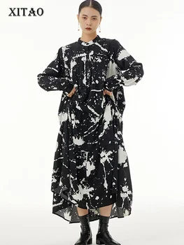 XITAO реколта печат стойка яка рокля пълен ръкав темперамент отслабване случайни хлабав пуловер жени нова мода рокля DMJ3421