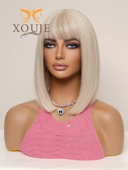 XOUJE синтетична топлоустойчива перука жени блондинка къса права боб перука бретон перука жени ежедневно носят естествена перука косплей Y2k