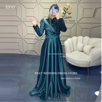 XPAY Скромен блясък Дубай арабски жени вечерни рокли дълги ръкави тъмно зелено високо деколте сатен официални абитуриентски рокли плюс размер