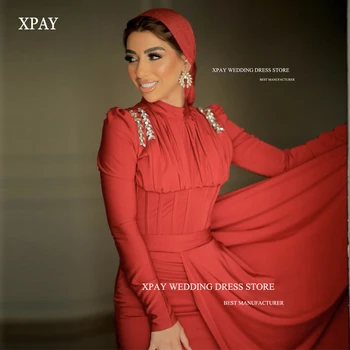 XPAY Скромен мюсюлмански арабски Дубай Червени вечерни рокли Дълги ръкави Кристал коприна сатен абитуриентски рокли знаменитост официална рокля
