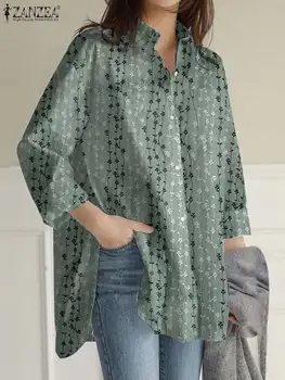 ZANZEA Корейска мода ревера яка риза дълъг ръкав джоб случайни флорални печатни блуза хлабав извънгабаритни реколта Blusa върховете туника