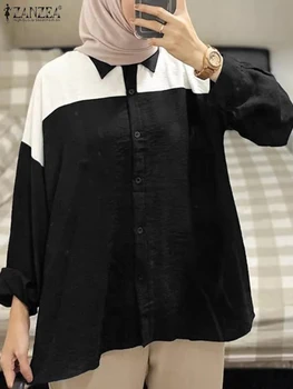 ZANZEA Мода Eid Мубарек риза случайни пачуърк мюсюлманска блуза елегантен празник туника върховете дълъг ръкав O-образно деколте Blusas извънгабаритни