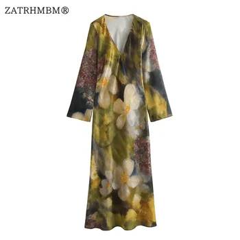 ZATRHMBM жени 2023 Есен нова мода цветен печат Midi рокля реколта v-образно деколте дълъг ръкав елегантни женски рокли Вестидос Муджер