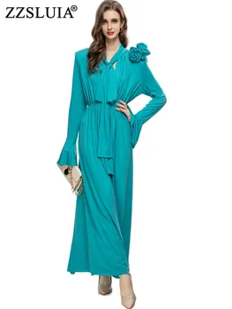 ZZSLUIA Елегантни рокли за жени 3D цвете апликации дизайнер тънък дълга рокля мода блясък ръкав Франция рокли женски плат