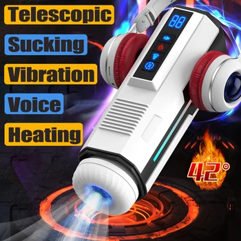 Автоматична телескопична смучене мъжка мастурбаторна чаша Мощна вибрационна отоплителна мастурбатор Многофункционални гласови секс играчки за мъже
