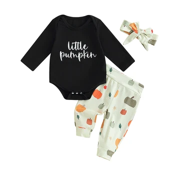 бебе момичета 3 парче облекло Хелоуин писмо печат дълги ръкави гащеризон и тиква панталони лента за глава сладки дрехи