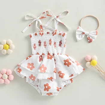 бебе момичета гащеризон рокля лято случайни цветен печат превръзка без ръкави гащеризон с еластична лента за глава за малко дете новородено