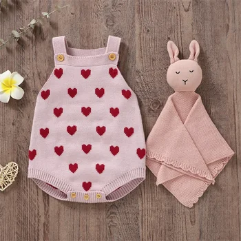 Бебе момичета гащеризони без ръкави квадратен врат сърце печат плетени ританки новородено пролетта облекло