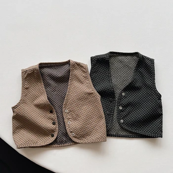 Бебешки дрехи Унисекс двулицева жилетка яке 2023 Нова корейска памучна и ленена мода Всички съвпадат плътен цвят Едноредно V-образно деколте