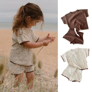 Бебешки летен пуловер Бебешки момче момиче дрехи меки бебешки дрехи памук къс ръкав отгоре + къс комплект от 2 части
