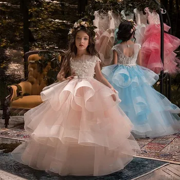 Без ръкави дантела пухкав печат пластове принцеса цвете момиче рокля сватбено парти топка първо причастие рокли мечта деца подарък