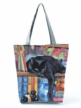 Библиотека Черна котка отпечатани жени рамо чанта проста практична чанта голям капацитет полиестер пазарски чанти пътуване плаж мъкна