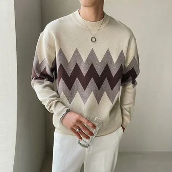 Британски стил мода цвят контраст печат пуловер мъже пуловер пуловер издърпайте homme есенен пуловер за мъже трикотажни O-образно деколте пуловер