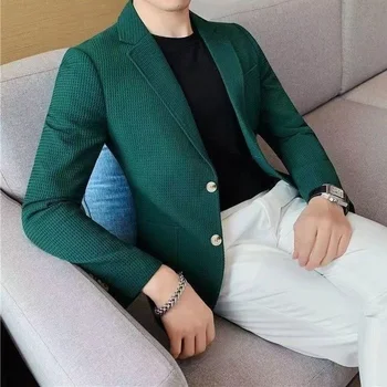  вафлен блейзър за мъжка ежедневна есенна мода висок клас тънък темперамент малък костюм топ яке туника мъжки дрехи корейски кафе