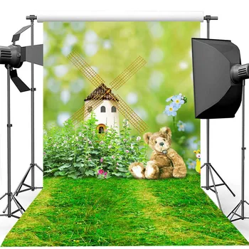 Великденски фон Пролетна вятърна мелница Фотография на тревни площи Фон Цвете космати играчки мечка деца фонове за фото студио