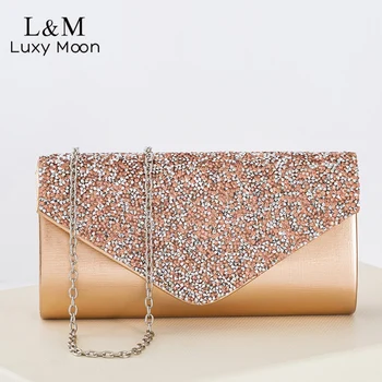 Вечерна чанта Дамски златен сребърен плик форма рамо чанта малък съединител чанта мода пайети женски банкет луксозна чанта X828H