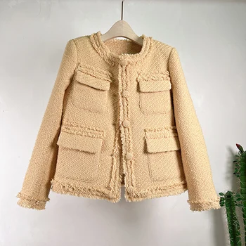 Висококачествени малки ароматни тъкат Tweed Връхни дрехи 2023 Есен Зима Жени O-образно деколте едноредни дебели вълнени OL ежедневни якета