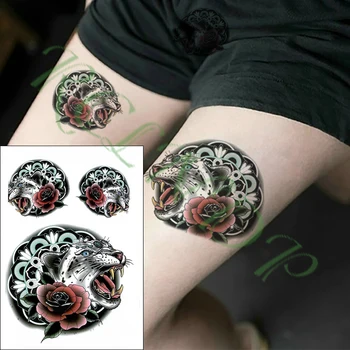 Водоустойчив временен стикер за татуировка ревящ леопард червено розово цвете Фалшив Tatto Flash Tatoo голям размер татуировки за дете Жени Мъже
