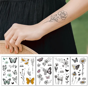 Водоустойчив временен стикер за татуировка Цвете пеперуда татуировка Роза Дейзи листа фалшива татуировка за боди арт жени китка врата татуировки