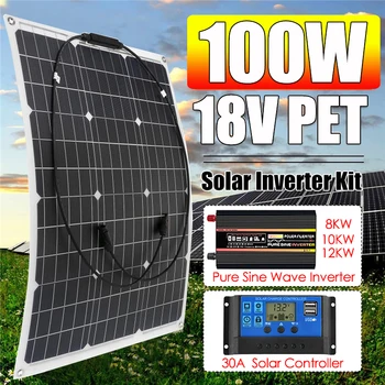 Генератор на слънчева система 100W слънчев панел Интелигентен LED дисплей USB чист синусоидален инвертор с 30A соларен контролер за зареждане