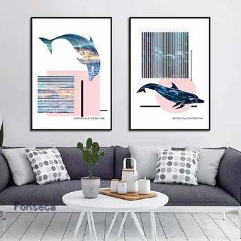 Геометрична картина с платно от розов кит Прости цитати Абстрактен плакат за животински силует Модерни стенни снимки за домашен дизайн